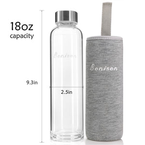 18.5 Oz Borosilicate Glass Water Bottle with Assorted Colorful Nylon Sleeve, Extra Thick Base, BPA Free, Crystal Clear, Trendy Design