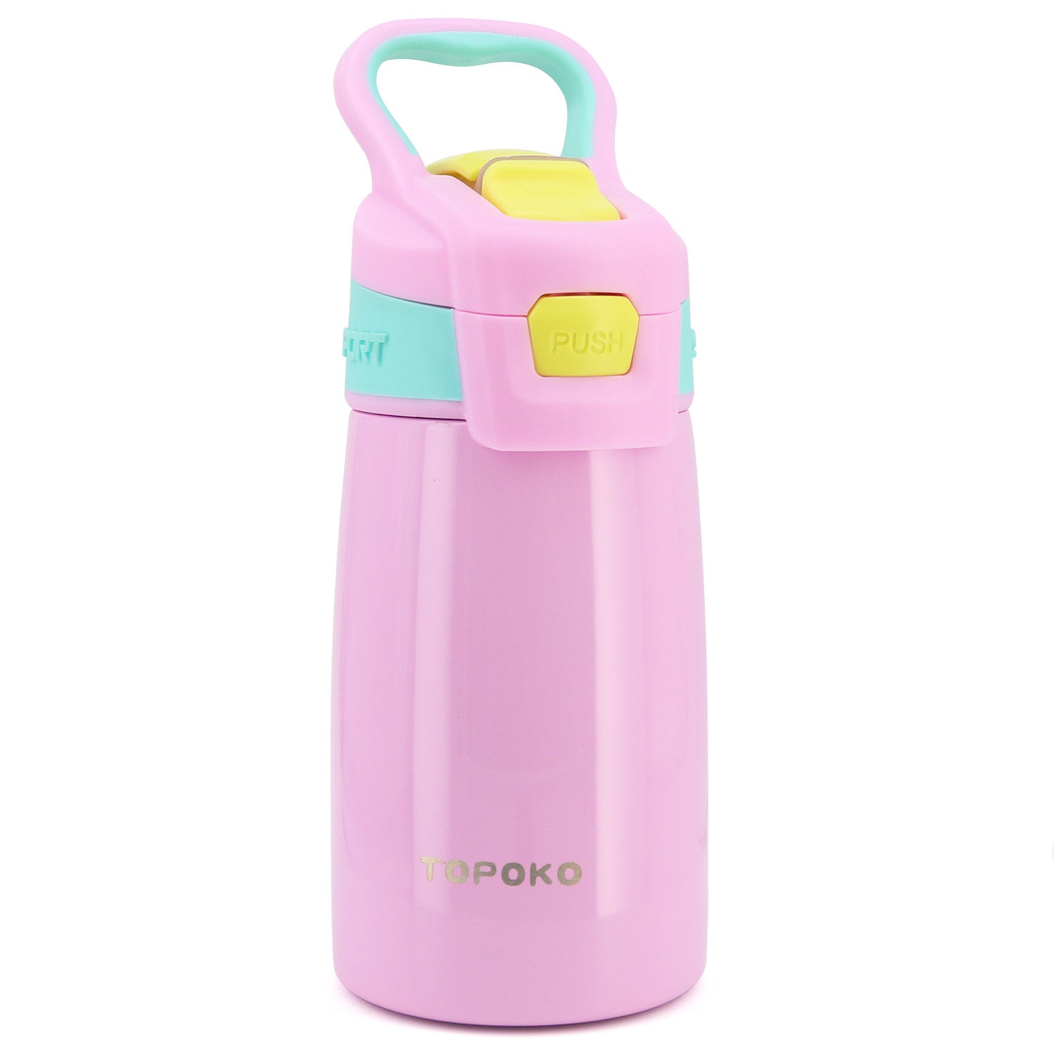 TOPOKO Kid's Auto Flip Stainless Steel Double Wall Water Bottle, Vacuum Insulated, Sweat Proof, Leak Proof, Wide Mouth, with Carrying Handle-12 OZ