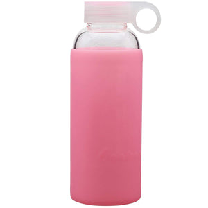 Bonison Jelly Glass Bottle, Borosilicate Glass Bottle with Pink Silicone Protective Sleeve, Perfect for Travel, Office, Home, Two Bonus Gifts of Cleaning Brush and Cloth Glass Wiper