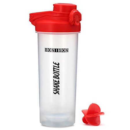 Bonison 24 OZ Shake Bottle Flip Top Spout With Lid Lock New Mixer Ball To Mix Protein Powder Easy Shaker Water Bottle With Handle - Red