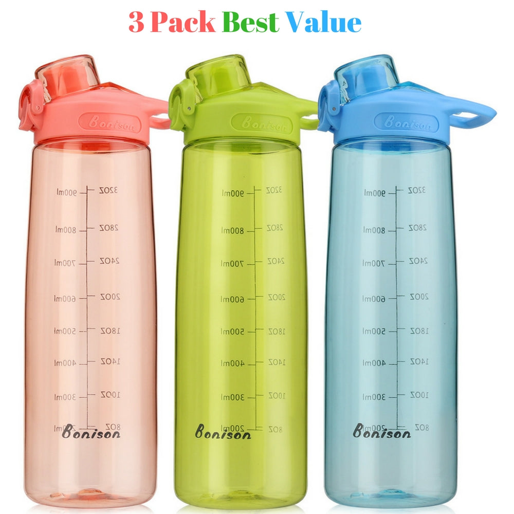 Bonison 34 OZ Wide Mouth Sports Water Bottle Flip Top Lid With Handle, Leak Proof, Bpa Free, Various Capacity - Perfect for Travel Yoga Running Outdoor Cycling Hiking Or Camping - 3 Pack