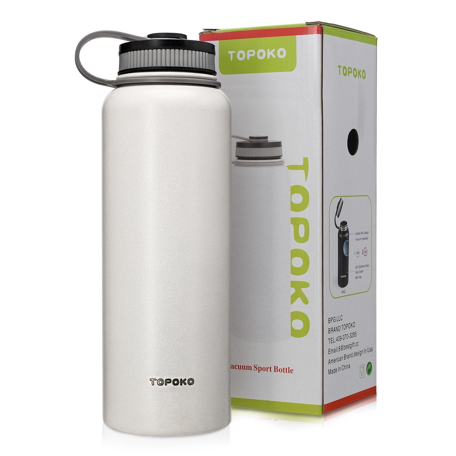 TOPOKO 42 Oz Stainless Steel Vacuum Bottle Double - Wall Vacuum Insulation - Big Mouth, Leak proof, Keep Hot or Cold More than 12 Hours - White