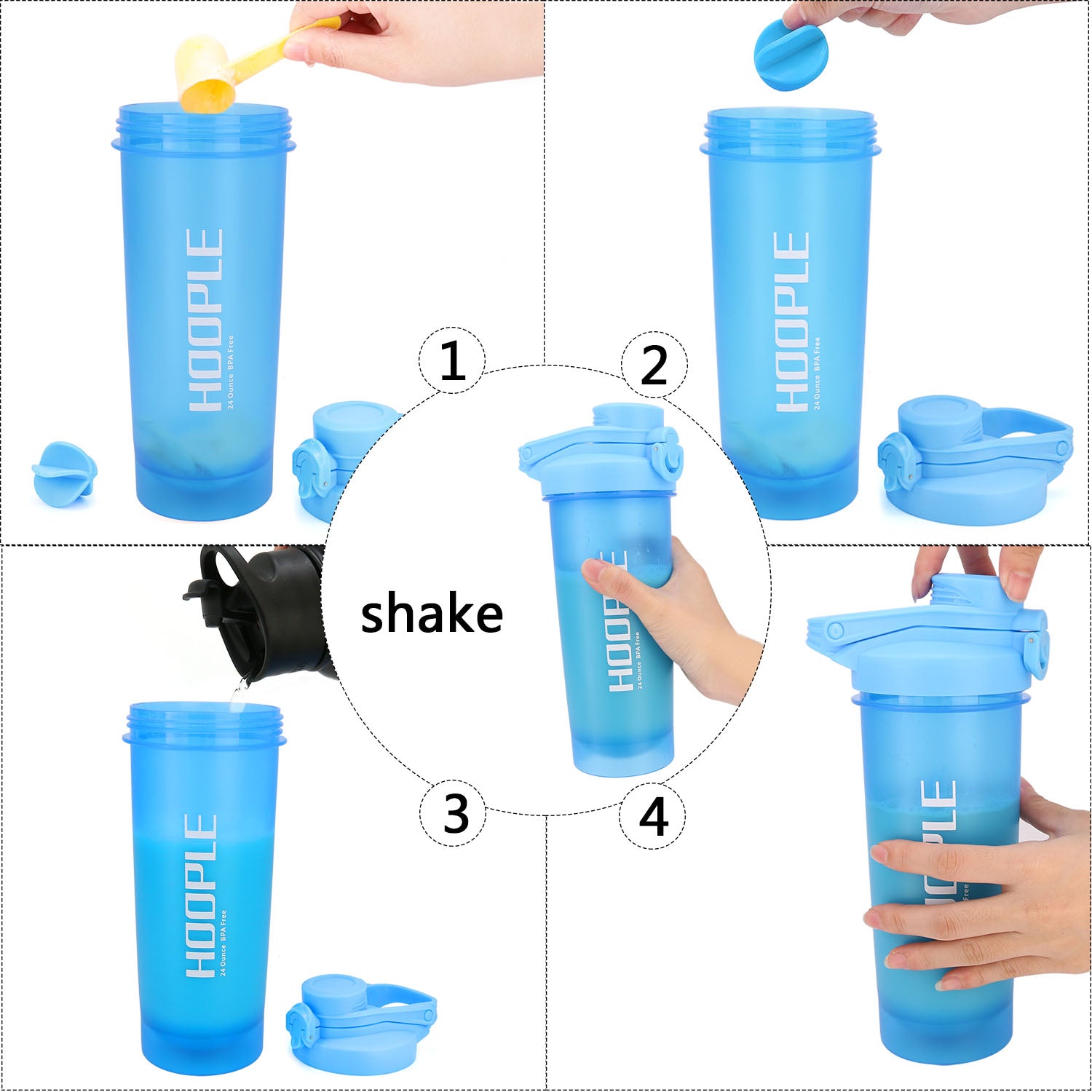 Hoople 24 OZ Shaker Bottle Protein Powder Shake Blender Gym Smoothie Cup, BPA Free, Auto-Flip Leak-Proof Lid, Handle with Ball Included - Aqua