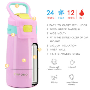 TOPOKO AUTO FLIP 12 OZ Stainless Steel Kids Water Bottle for Girls Double Wall Beverage Carry Kid Cup Vacuum Insulated Leak Proof Thermos Handle Spout BPA-Free Sports Bottle