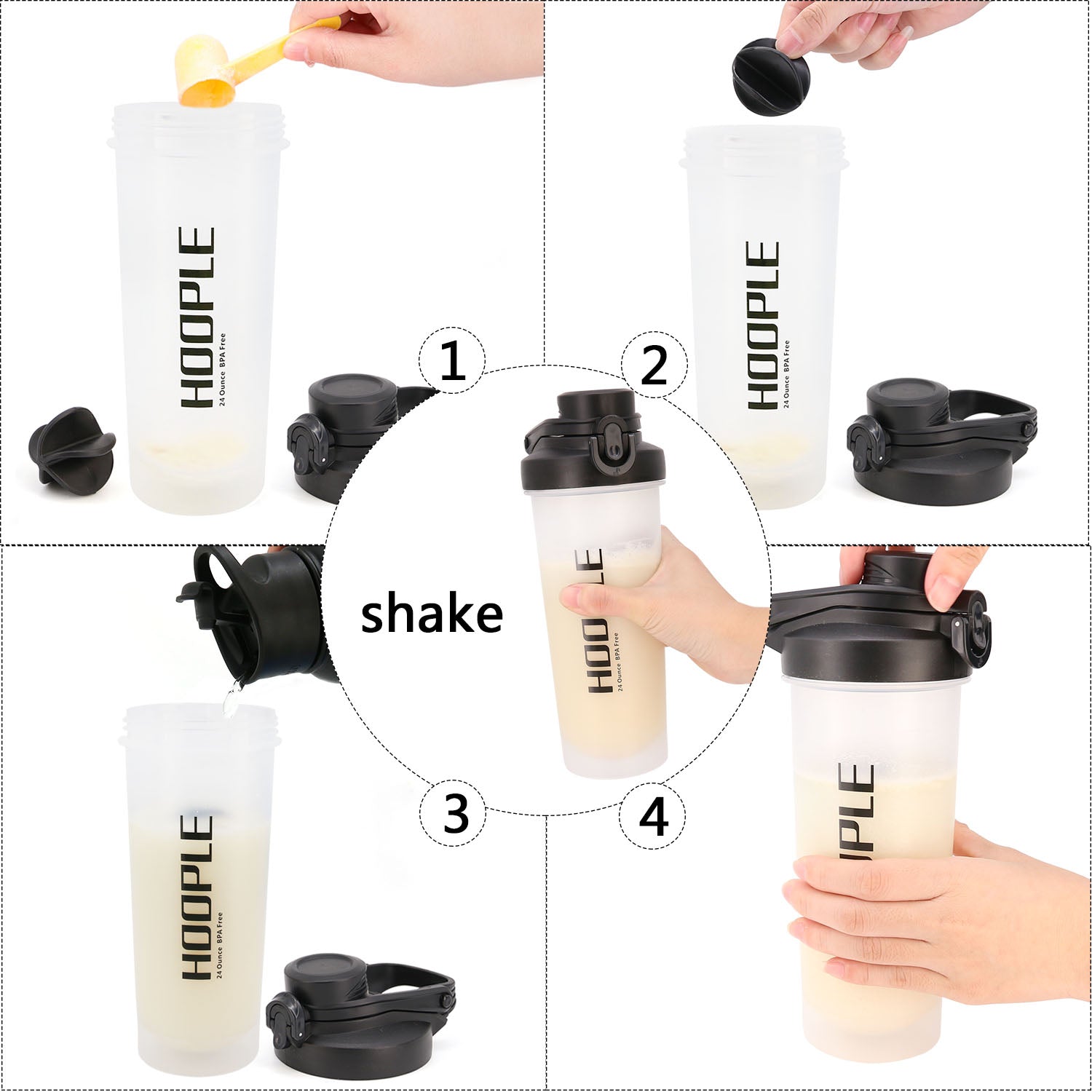 Hoople 24 OZ Shaker Bottle Protein Powder Shake Blender Gym Smoothie Cup, BPA Free, Auto-Flip Leak-Proof Lid, Handle with Ball Included - Black