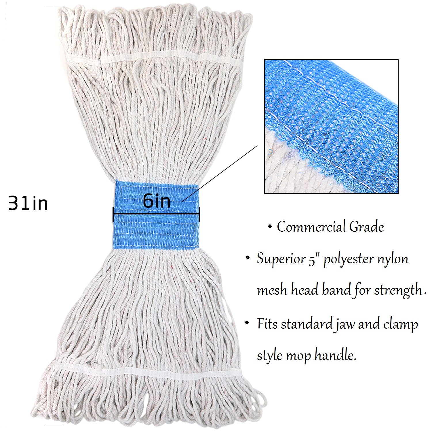 Bonison Commercial Use Wringer Style Replacement Mop Head For Clamp Mop With Looped Ends And Yarn Tailband, Heavy Duty And Long Lasting. (1, White)