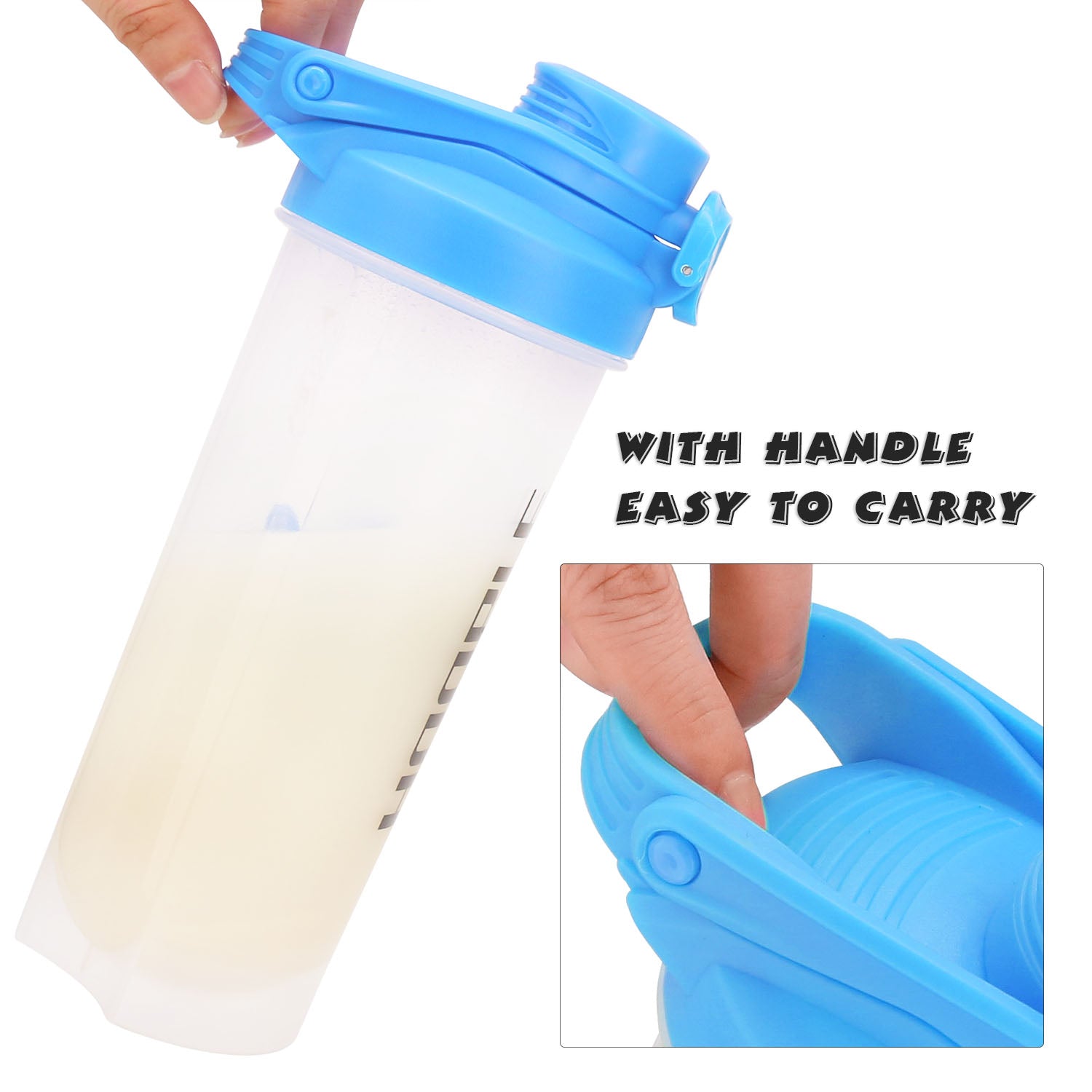 Hoople 24 OZ Shaker Bottle Protein Powder Shake Blender Gym Smoothie Cup, BPA Free, Auto-Flip Leak-Proof Lid, Handle with Ball Included - Clear/Aqua