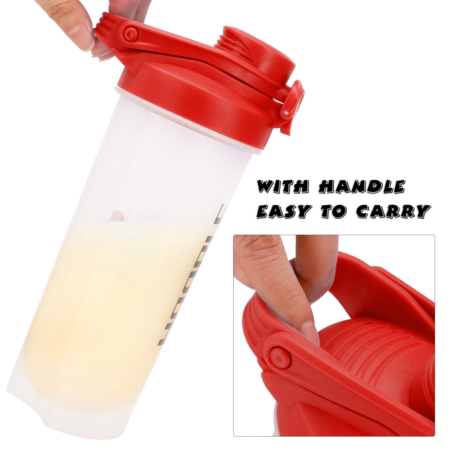 Hoople 24 OZ Shaker Bottle Protein Powder Shake Blender Gym Smoothie Cup, BPA Free, Auto-Flip Leak-Proof Lid, Handle with Ball Included - Red