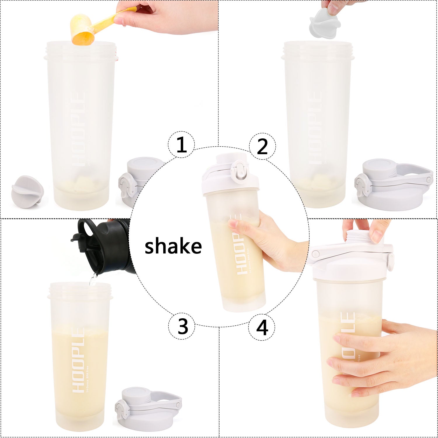 Hoople 24 OZ Shaker Bottle Protein Powder Shake Blender Gym Smoothie Cup, BPA Free, Auto-Flip Leak-Proof Lid, Handle with Ball Included - Gray