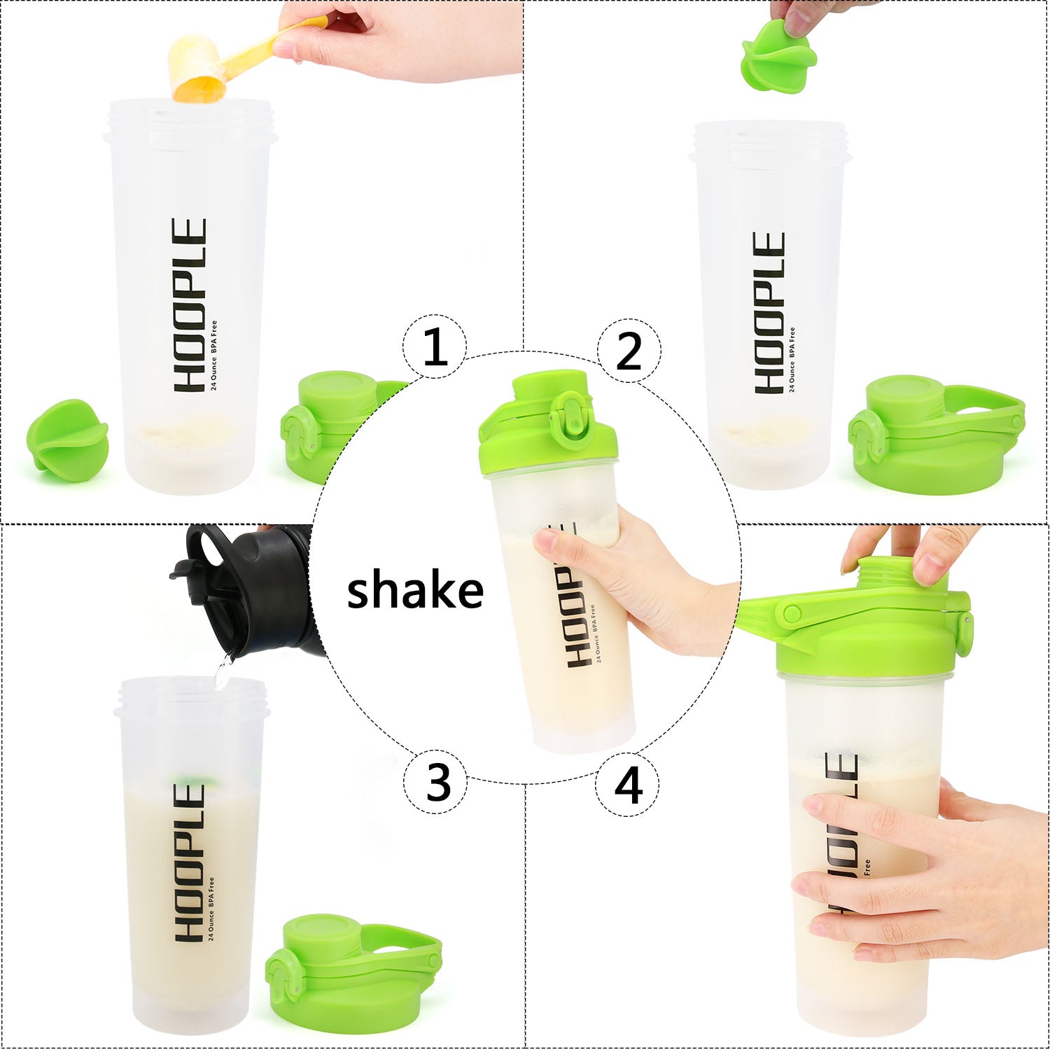 Hoople 24 OZ Shaker Bottle Protein Powder Shake Blender Gym Smoothie Cup,  BPA Free, Auto-Flip Leak-Proof Lid, Handle with Ball Included - Black –  TOPOKO