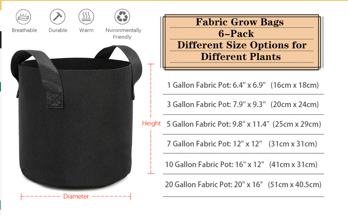 6 Pack Grow Bags Garden Heavy Duty Non-Woven Aeration Plant Fabric Pot Container