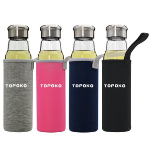 Handmade 18.5 OZ Borosilicated Glass Water Bottle With Colorful Handle Nylon Sleeve.