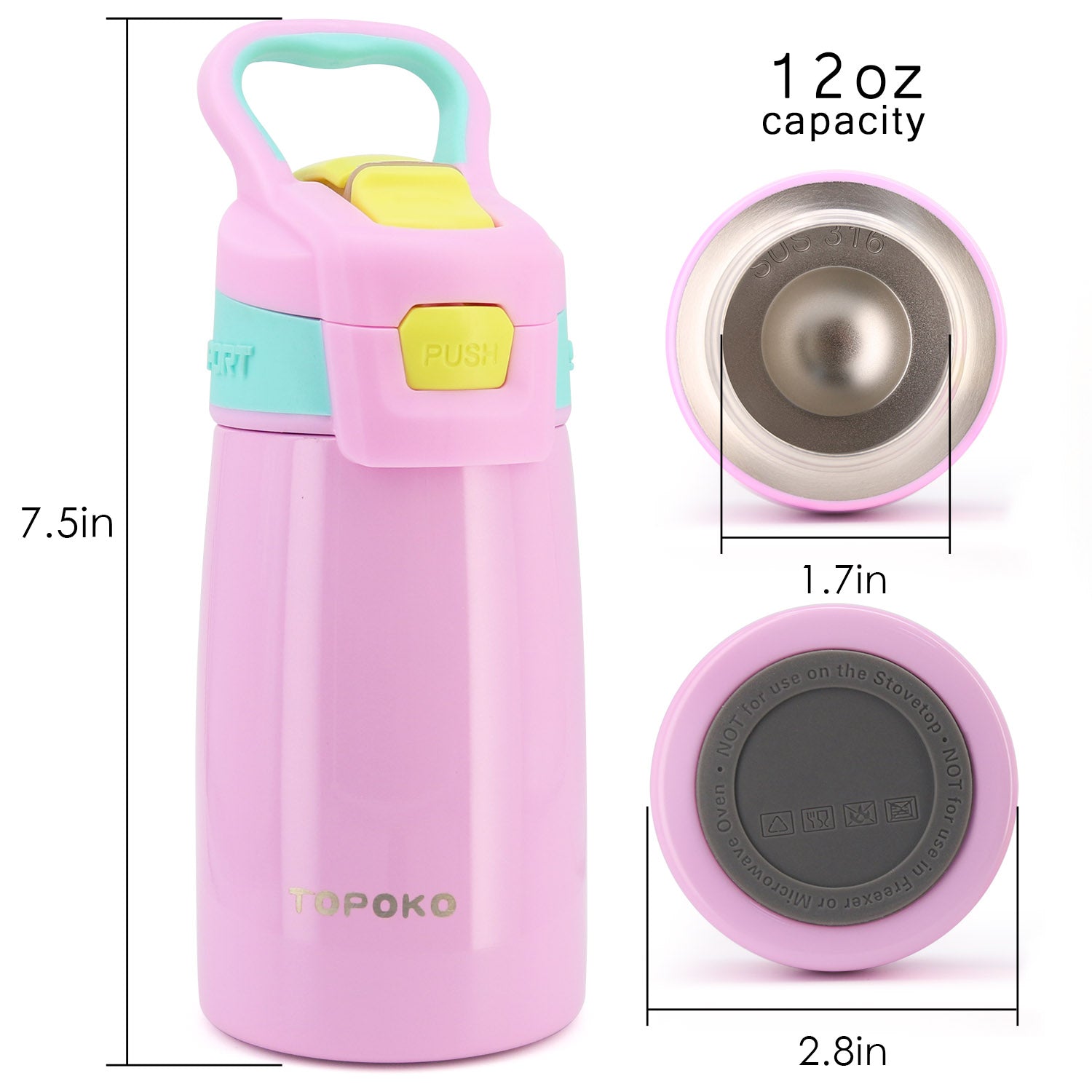 TOPOKO Kid's Auto Flip Stainless Steel Double Wall Water Bottle, Vacuum Insulated, Sweat Proof, Leak Proof, Wide Mouth, with Carrying Handle-12 OZ